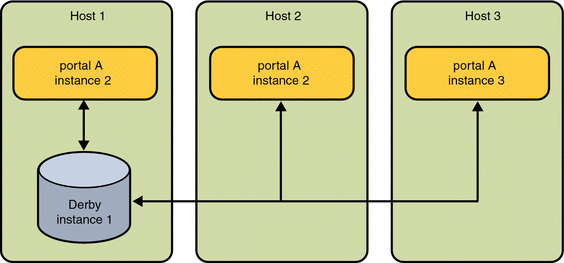 This figure depicts a diagram of multiple Portal instances
pointing to a common Derby instance.