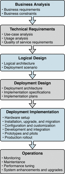 This figure is a diagram of the steps in planning, design,
and implementation of an enterprise software solution based on Java Enterprise
System.