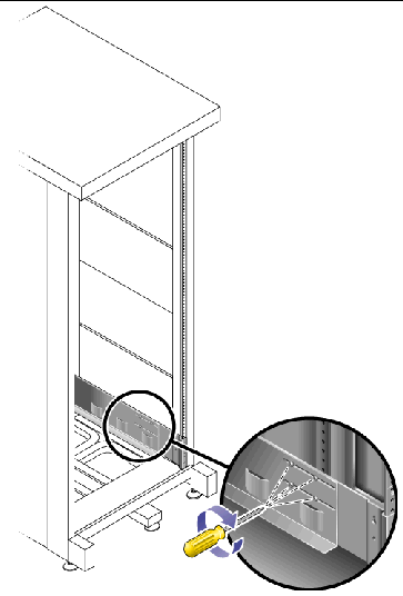 Tightening the Rail Adjustment ScrewsFigure showing location of rail screws located toward the back of the mounting rail.Figure showing proper positioning of the rack alignment template.Figure showing the location of the two screws at the front of the cabinet.Figure showing the rail extension flange positioned over the vertical rail.Figure showing the location of the screws in the rail extension flange.Figure showing the adjusting screws on the rail extension. Figure showing the outward motion used to remove end caps from the enclosure. Figure showing the proper handling and positioning of the enclosure.Figure showing the placement of the enclosure at the bottom of the cabinet.Figure showing the screws used to secure the enclosure to the front of the Sun StorEdge cabinet.Figure showing the screws used to secure the enclosure to the front of the Sun Rack 900/1000.Figure showing the screws used to secure the enclosure to the cabinet.