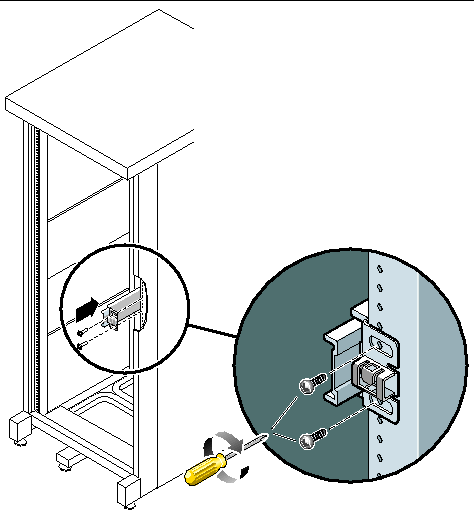 Image shows two screws attaching the front of a slide rail to the front of a rack post rail. 
