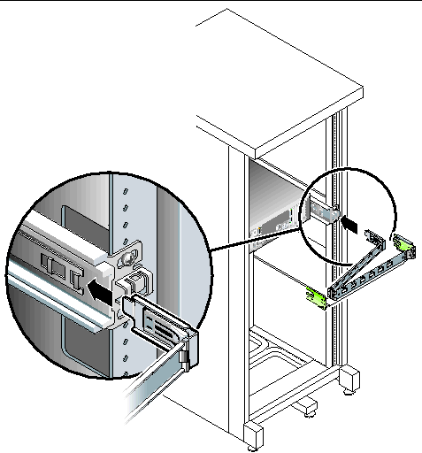 Image shows the inner CMA connector being inserted into the end of the right mounting bracket