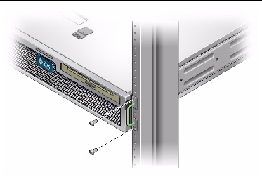 Figure showing where to secure the front of the server to the rack.