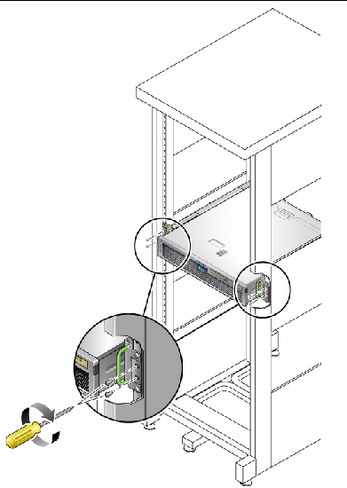 Figure showing how to secure the front of the server to the rack.