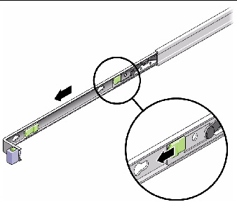 Figure showing the plastic slide rail lock located in the middle of the mounting bracket.