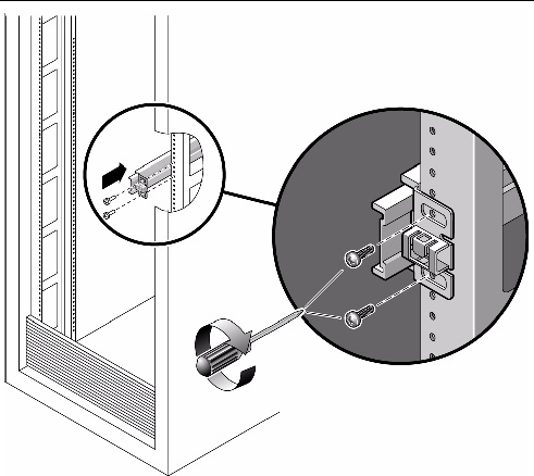 Figure showing two screws attaching the front of a slide rail to the front of a rack post rail.