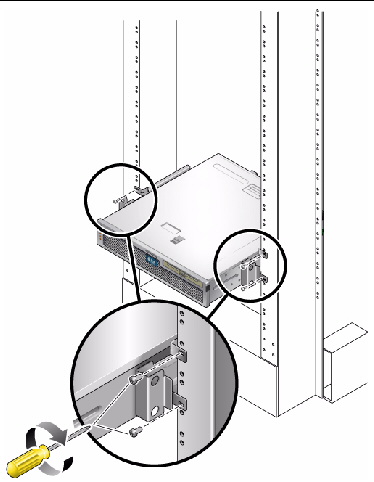 Figure showing how to secure the server in a two-post rack.