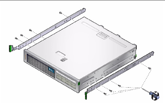 Figure showing where to install glides to the server chassis.