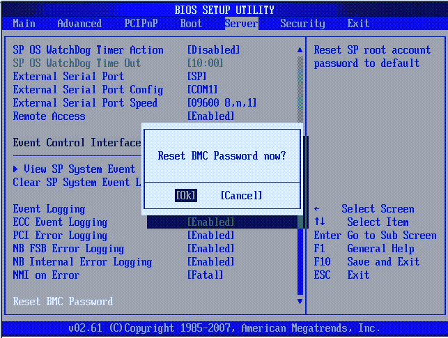 Graphic showing BIOS Setup Utility: Server - LAN Configuration reset BMC password.