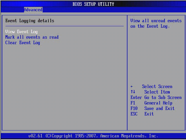 Graphic showing BIOS Setup Utility: Advanced - Event Logging details.