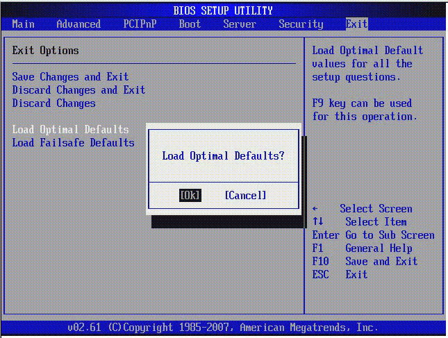 Graphic showing BIOS Setup Utility: Exit - Load Optimal Defaults.