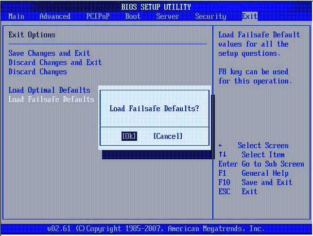 Graphic showing BIOS Setup Utility: Exit - Load Fail-Safe Defaults.