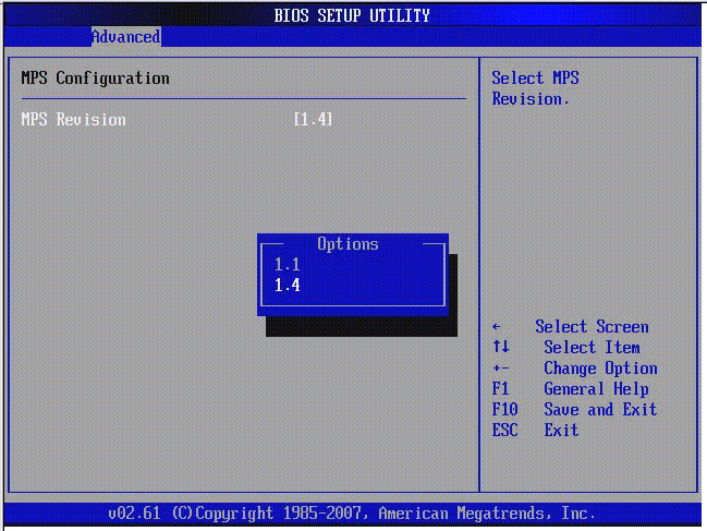 Graphic showing BIOS Setup Utility: Advanced -MPS configuration.