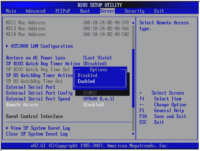 Graphic showing BIOS Setup Utility: Server - Configure Remote Access.