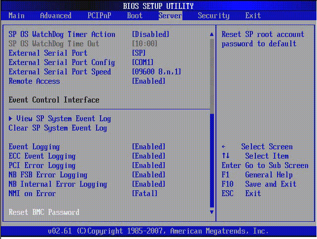 Graphic showing BIOS Setup Utility: Server settings. 