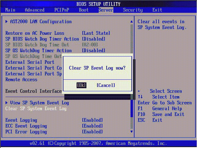 Graphic showing BIOS Setup Utility: Server Clear SP event log.