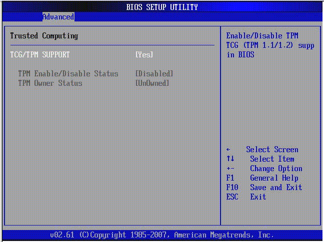 Graphic showing BIOS Setup Utility: Advanced - Trusted computing.