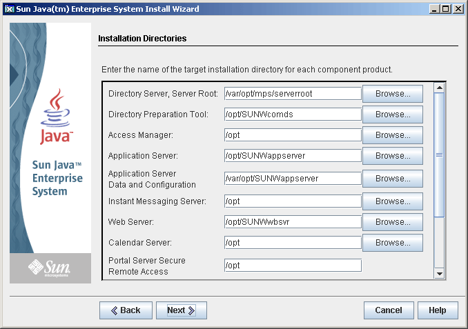 Example screen capture of the installer's Installation Directories
page.