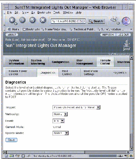 Figure shows the Remote Control and Diagnostics tabs selected in an ILOM window.