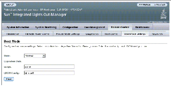 Screen capture of the ILOM web interface, showing the Boot Mode fields.