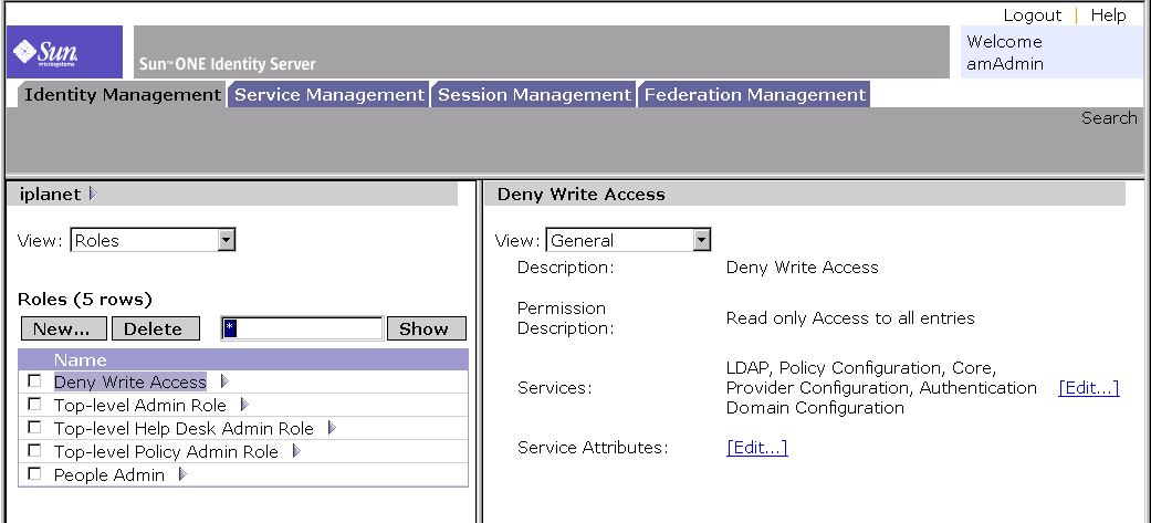 Identity Server Console:  Roles Profile view displayed when clicking on the Properties arrow for a role.
