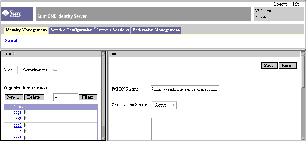 Identity Server Console: Identity Management View with organization properties displayed