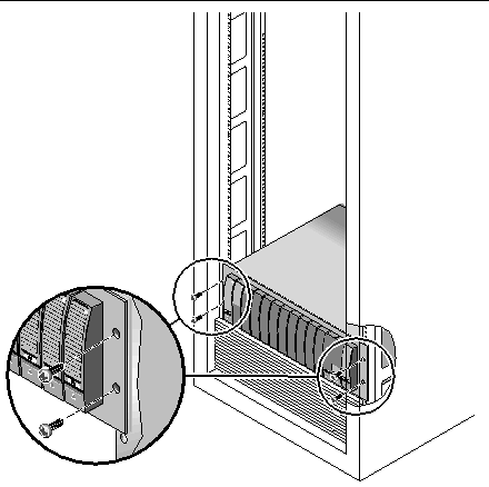 Figure showing the screws used to secure the enclosure to the front of the Sun StorEdge cabinet.