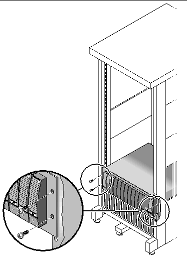 Figure showing the screws used to secure the enclosure to the front of the Sun Rack 900/1000.