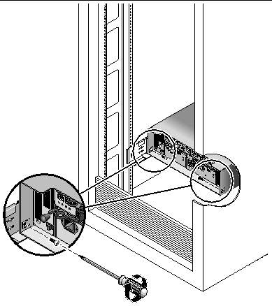 Figure showing the screws used to secure the enclosure to the cabinet.