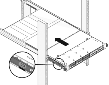 image:Figure showing the release tabs on the sliding rack rail.