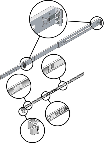 Figure shows the buttons and locks of the Express rail slide rail assembly