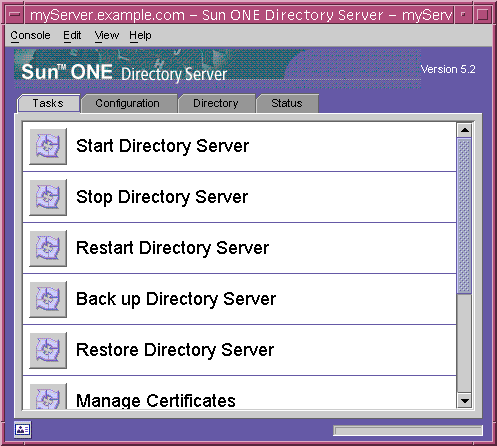 Directory Server Console for example.com. Tasks tab.