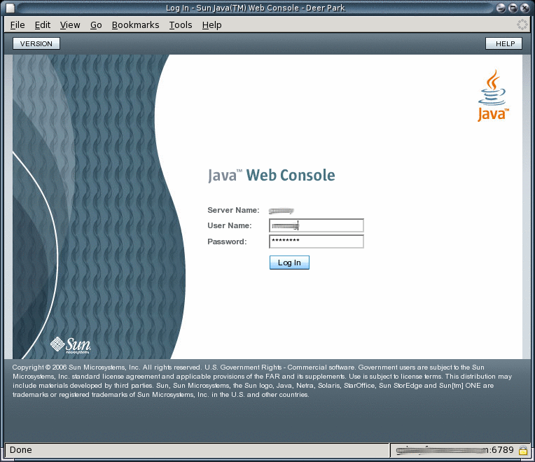 Java Web Console login page