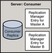 Figure shows a detailed view of the Replication Manager
entries that must be set up on Consumer E in a fully meshed topology.