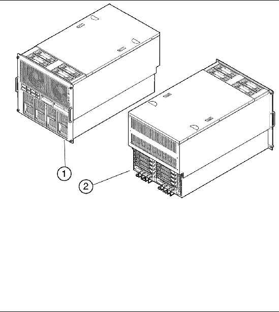 Figure shows angled front and rear views of the SPARC Enterprise M5000 server.