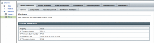 image:Example blade settings with two dedicated SPs as of Oracle ILOM 3.0.10 Node1 running Oracle ILOM 3.0.0