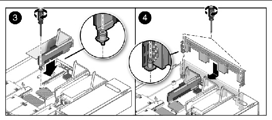Figure showing how to install a PCIe riser (Sun Fire X4270 and X4275 Servers).