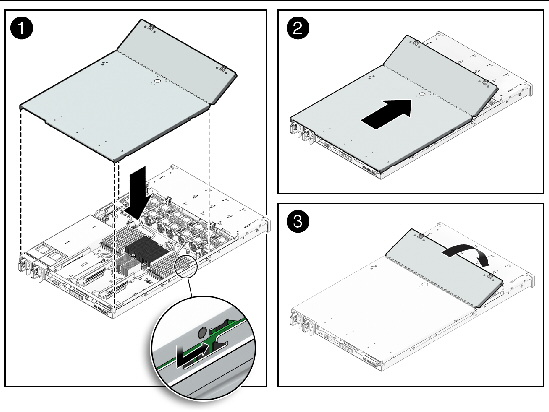 Figure showing how to install the top cover on the Sun Fire X4170 and X4270 Servers.