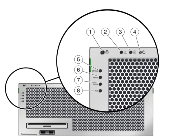 Figure shows the front panel of the Sun Netra
T5440 server. The locator button (top button) is located in the upper
left corner of the chassis.