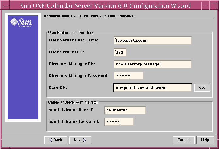 Calendar Server Configuration Program Administration, User Preferences and Authentication Panel