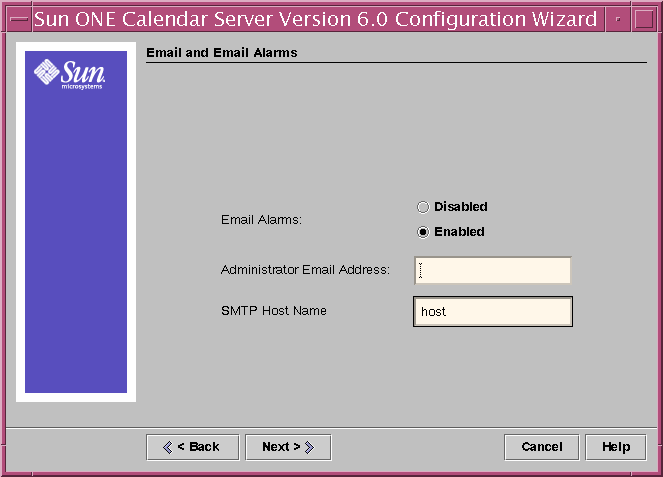 Calendar Server Configuration Program Email and Email Alarms Panel