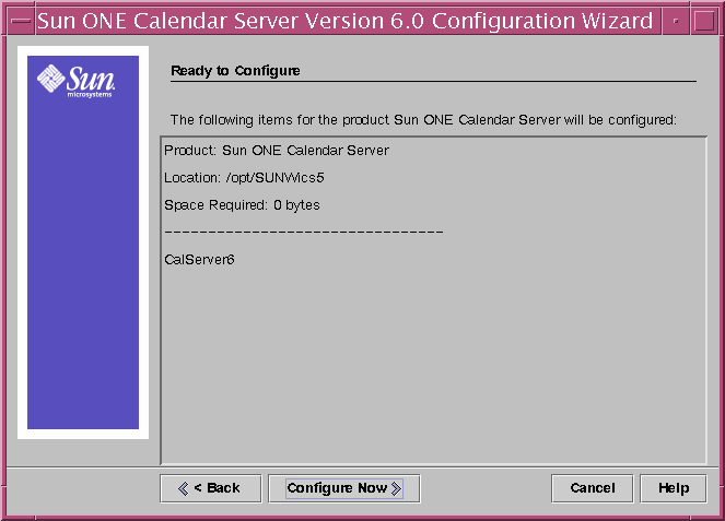 Calendar Server Configuration Program Ready to Configure Panel
