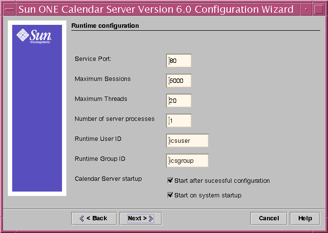 Calendar Server Configuration Program Runtime Configuration Panel