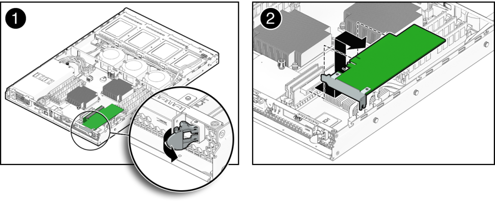 image:An illustration showing the unlatching and removal of a PCIe card.