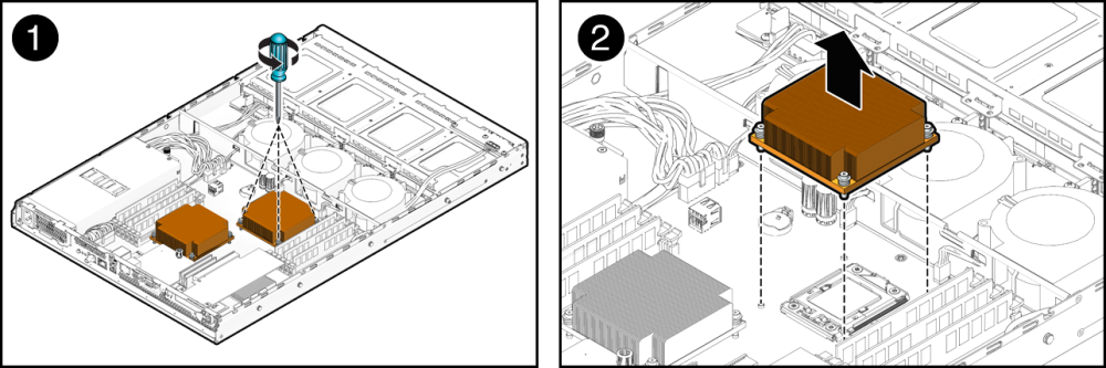 image:An illustration showing how to remove the four heatsink retaining screws.