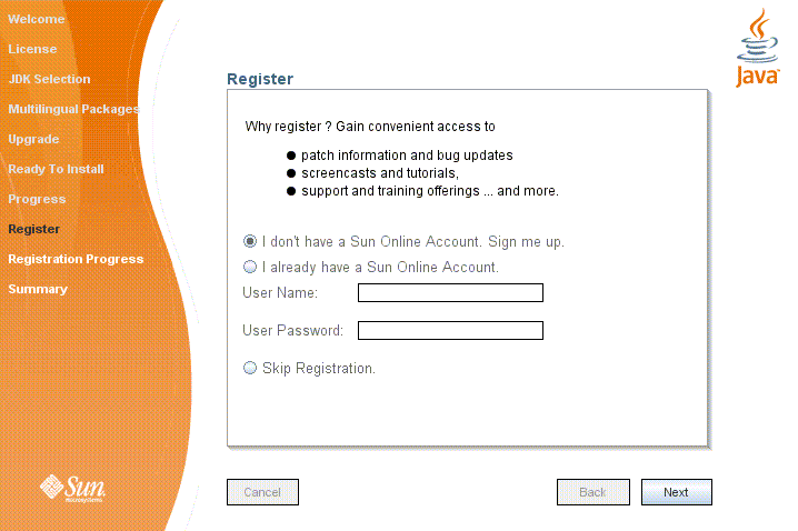 Screen for Sun Connection registration.