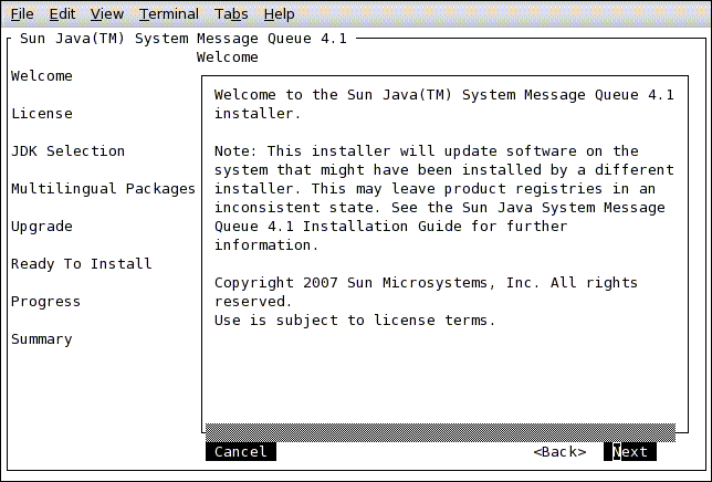 Screen capture showing Message Queue Installer’s
Welcome screen displayed as plain text in the terminal window. 