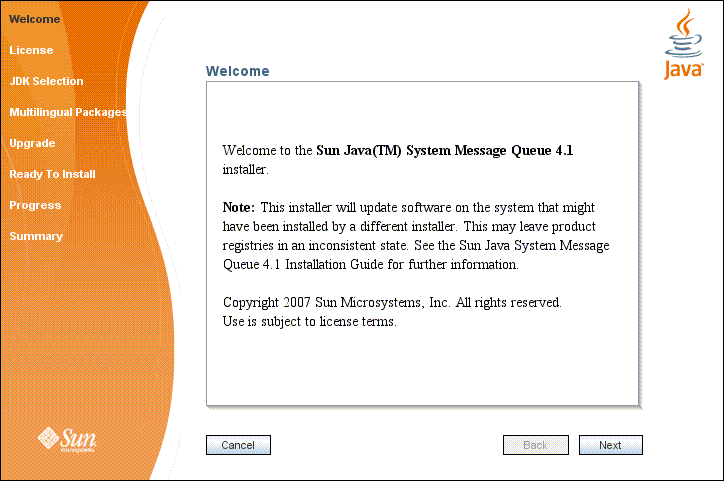 Screen capture showing Message Queue Installer’s
Welcome screen. 
