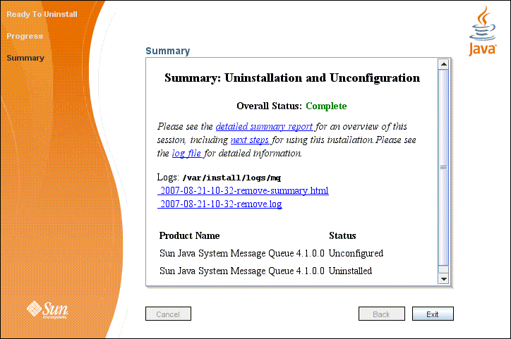 Screen capture showing Message Queue Uninstaller’s
Summary screen. 