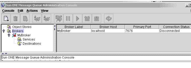 MQ Administration Console window. Broker selected in tree view.