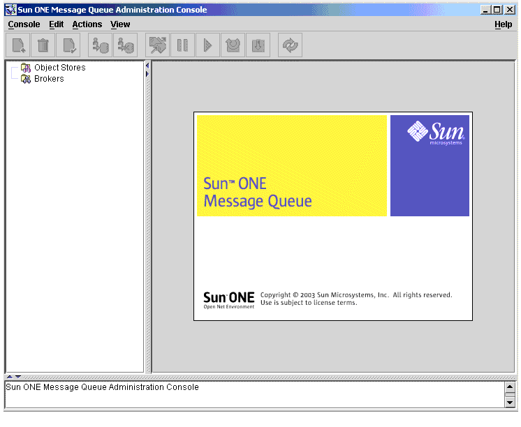 Startup screen for Sun ONE Message Queue. Treeview in left pane; contents in right pane.